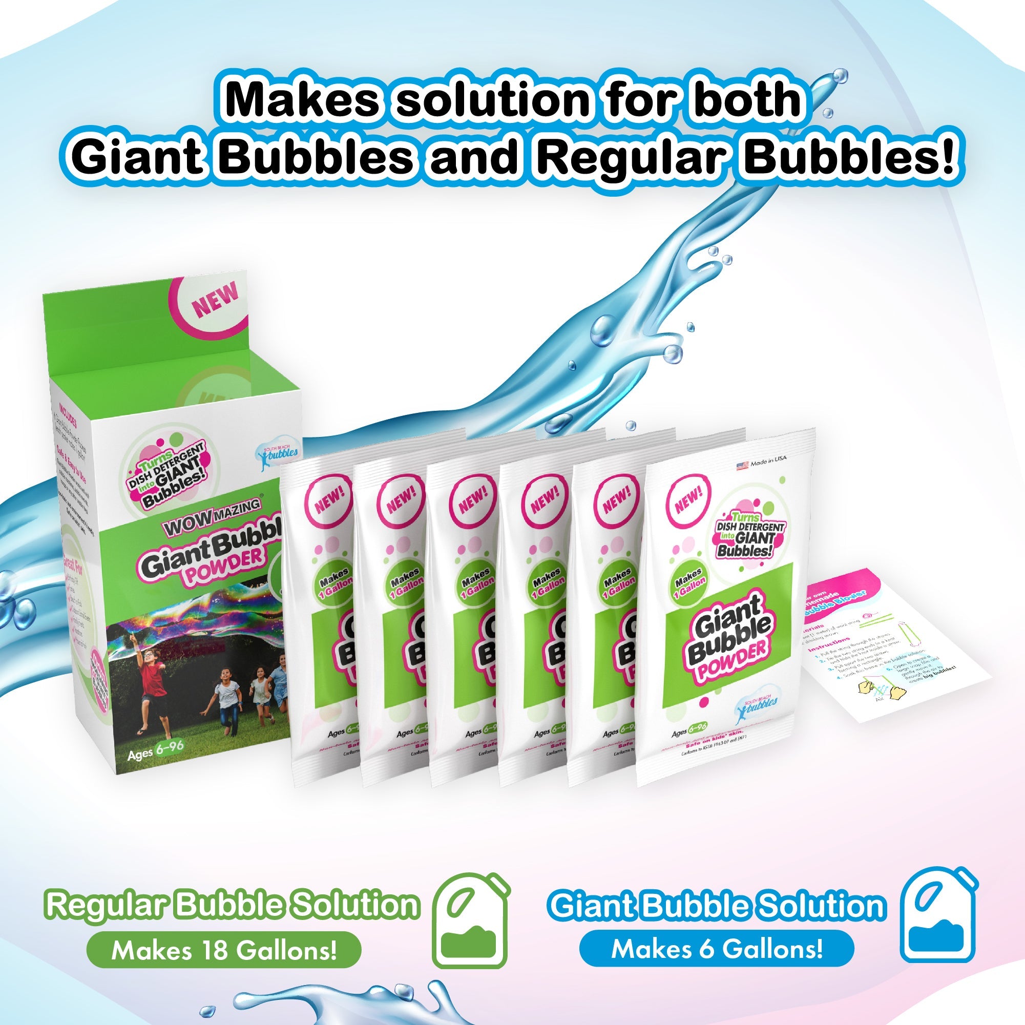 WOWmazing Bubble POWDER (6 packets) - Turns Dish Detergent into Giant Bubbles. Makes 6 GALLONS!